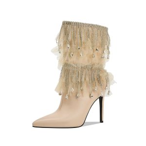 Misgala Pointed Toe Tassels High heel Ankle boots (Beige)