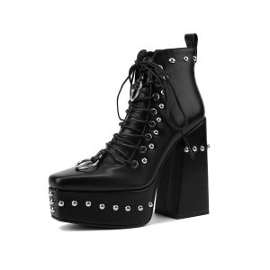 Misgala Buckle Strap Rivet Platform Ankle Boots